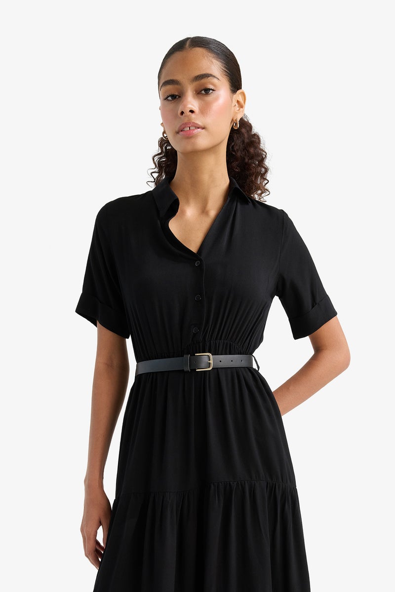 DeFacto Black Woman Shirt Collar Zebra Print Half Sleeve Dress Casual - Image 3